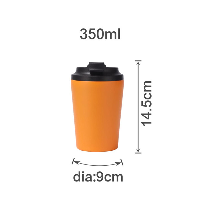An orange 350ML powder-coated stainless steel coffee mug with a black lid, featuring a logo.
