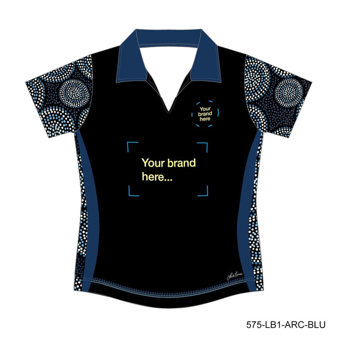 A women's open neck polo shirt in black and blue with a patterned design and a logo space.