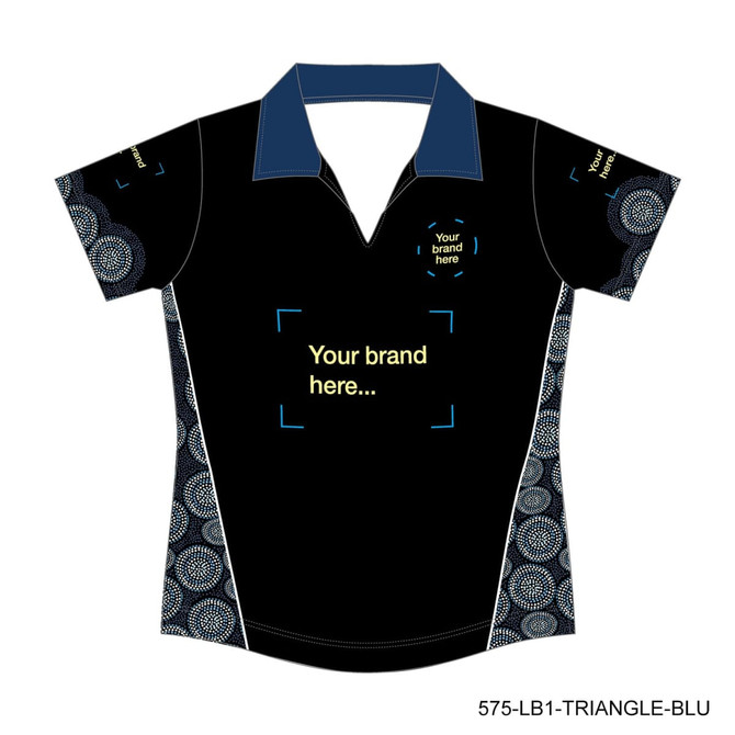 A women's polo shirt featuring a black design with blue accents and patterned sides. It includes a logo area.
