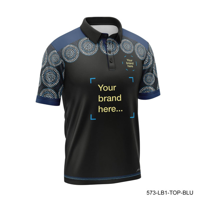 A black and blue polo shirt featuring a circular pattern and a branding area on the front.