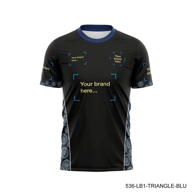 A black sports t-shirt with blue accents and a patterned design on the sides. It features multiple branding areas.