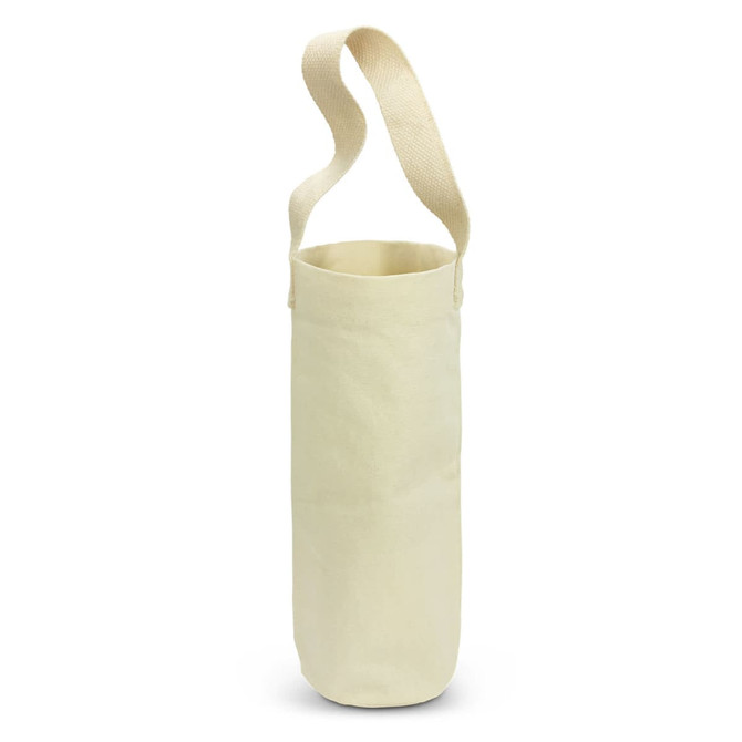 A cotton wine tote bag in a natural cream colour with a sturdy handle and a simple design. It has a logo.