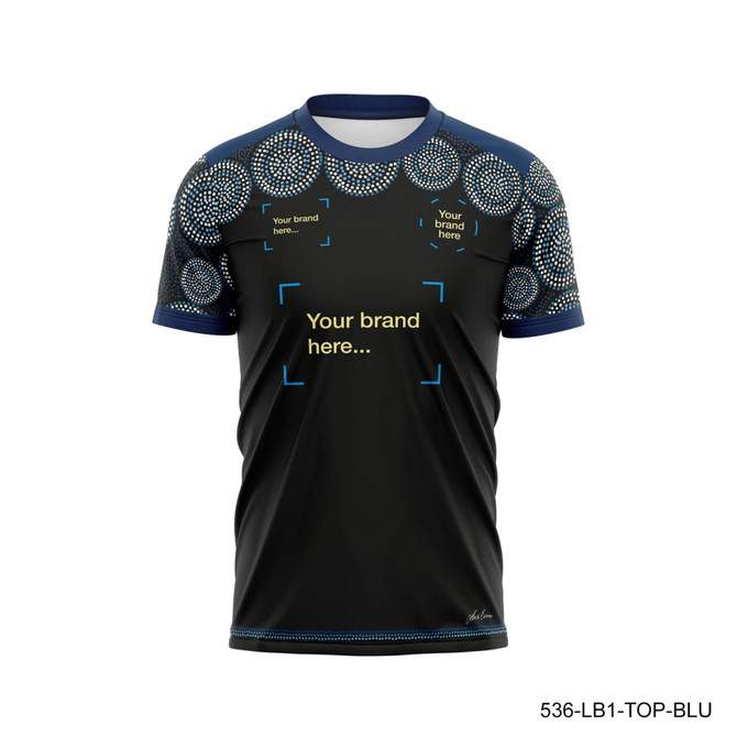 A black sports T-shirt with decorative patterns and a branding space on the front.