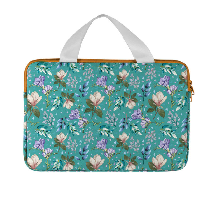 A floral-patterned teal laptop and tablet sleeve featuring a white handle and a zip closure. It also has a logo.