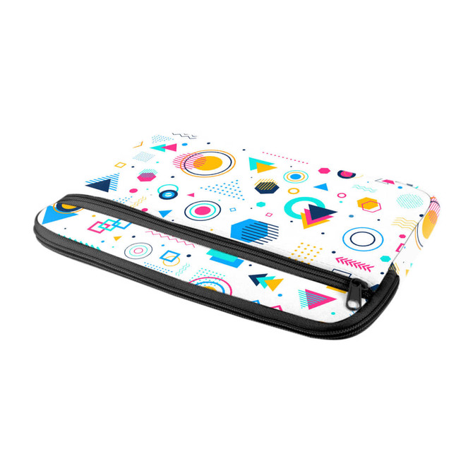 A zippered laptop and tablet sleeve in white with a colourful geometric design and a pocket. Features a logo.