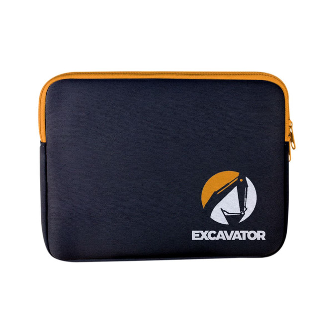 A zippered laptop and tablet sleeve in black with a contrasting yellow zipper and a branded logo.