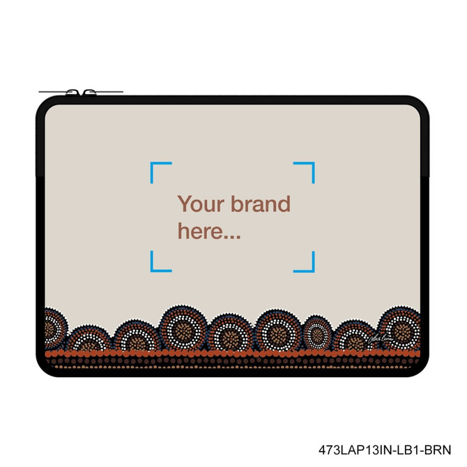 A zippered laptop and tablet sleeve in cream, featuring a decorative patterned border and a branding area.