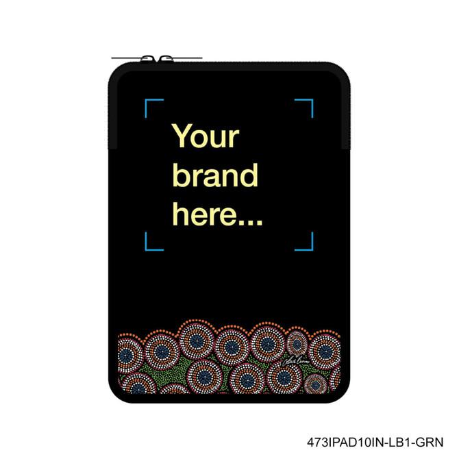 A zippered laptop and tablet sleeve featuring a black background with colourful Aboriginal-inspired patterns and a branding area.