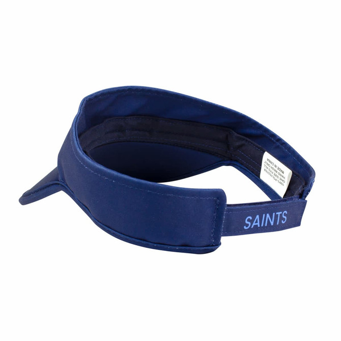 A navy trucker cap with a structured front and adjustable back, featuring a branding logo.