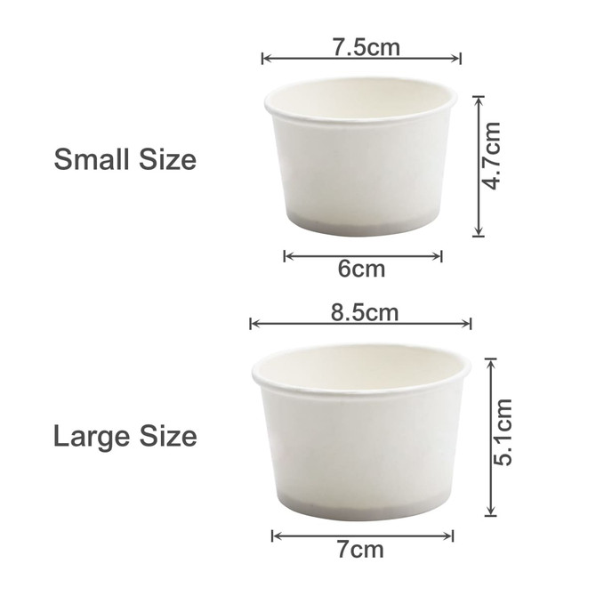 Two white gelato cups in small and large sizes, with measurements displayed for each.