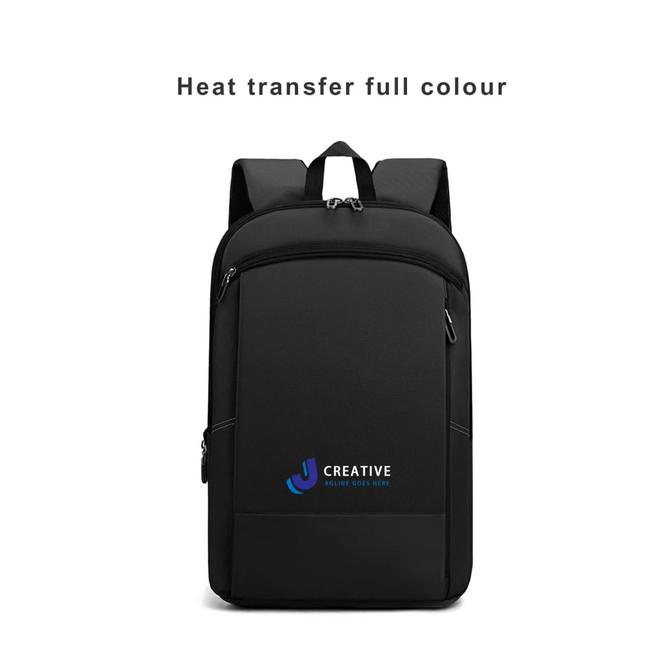 A black expandable laptop backpack with a logo on the front and dual shoulder straps.