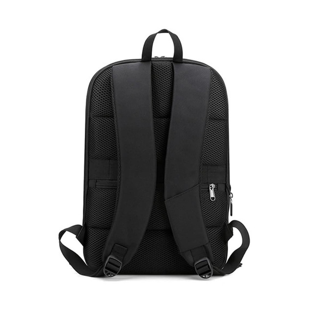 A black expandable laptop backpack with padded straps and a mesh texture on the back. Features a logo.