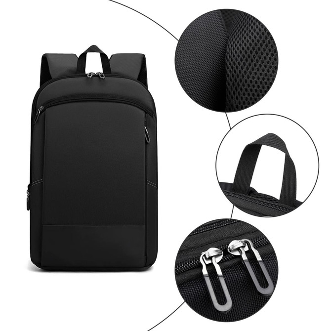A black expandable laptop backpack with ergonomic straps, textured fabric, and zippered pockets. Features a logo.