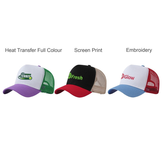A 5 Panel Fashion Mesh Hat in white with purple, black, red, or blue accents. Features various branding options.