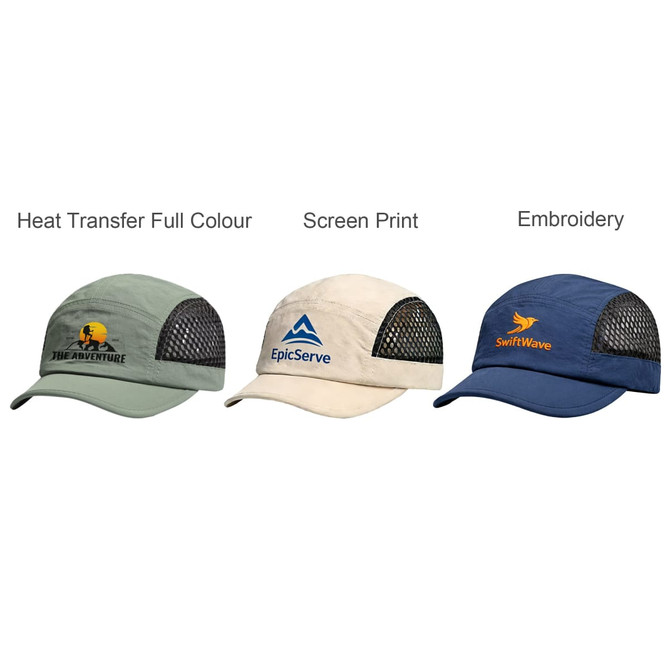 Three 5 Panel Short Brimmed Mesh Running Caps in olive, beige, and navy, each featuring different logos and mesh panels.