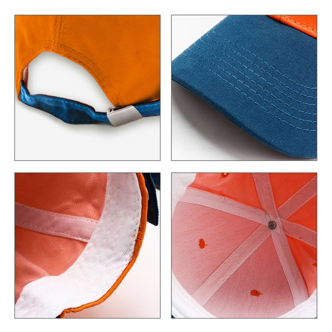A 6 panel adjustable baseball cap featuring blue and orange colours, with visible stitching and an internal lining.