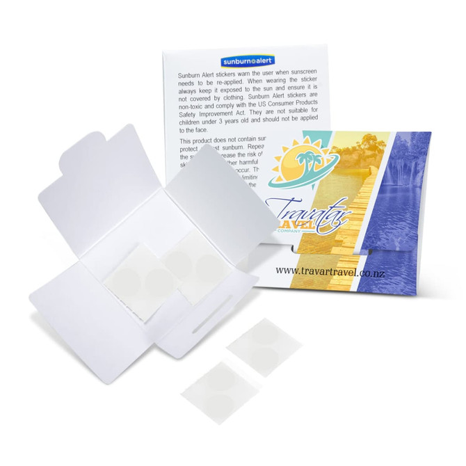 Sunburn Alert Stickers in a white package with a vibrant design, featuring clear stickers for sun safety.