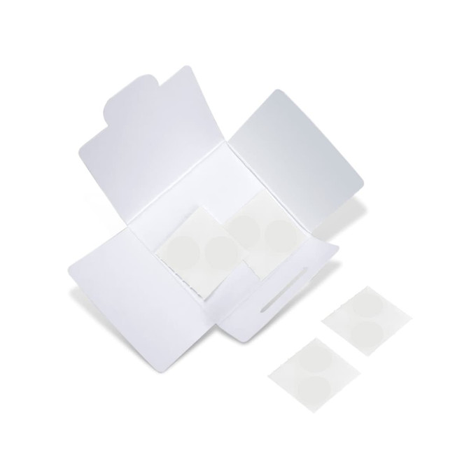 A white packaging box open to reveal circular stickers inside. The box has a logo on it.