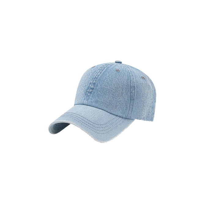 A denim baseball cap in light blue with a curved brim and a fabric strap at the back.