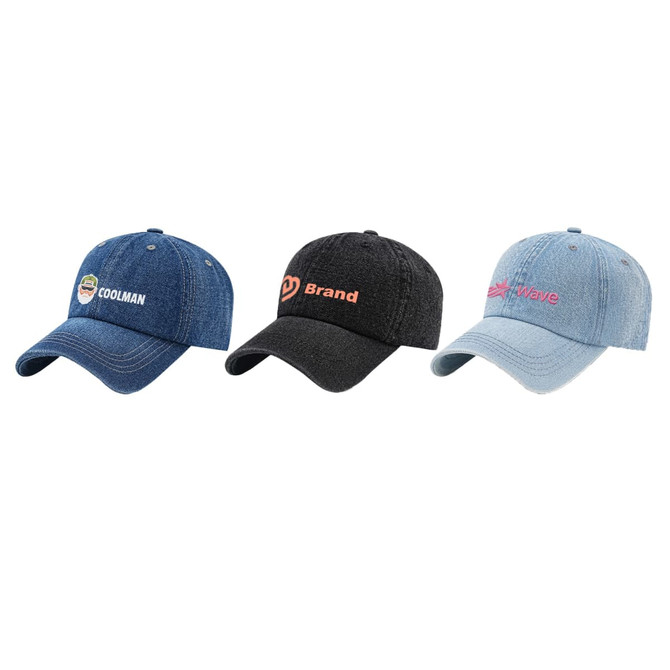 Three denim baseball caps in blue, black, and light blue, each featuring a logo on the front.