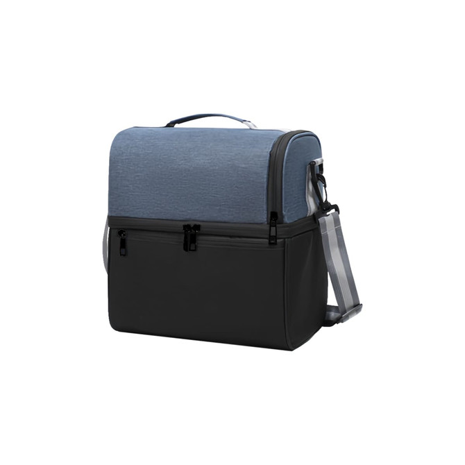 A two-compartment lunch bag featuring a blue top and black bottom, with a shoulder strap and a logo.