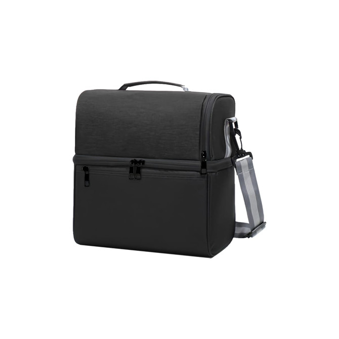 A two-compartment lunch bag in grey with a shoulder strap and carrying handle. Features zippers and a logo.