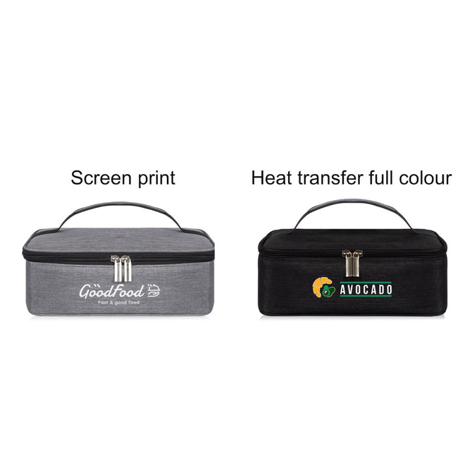 A grey and a black portable thermal insulated lunch bag with handles and logos displayed on the front.