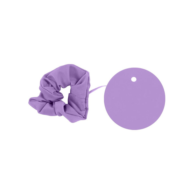 A drink bottle scrunchie in lavender purple with a matching circular tag nearby.