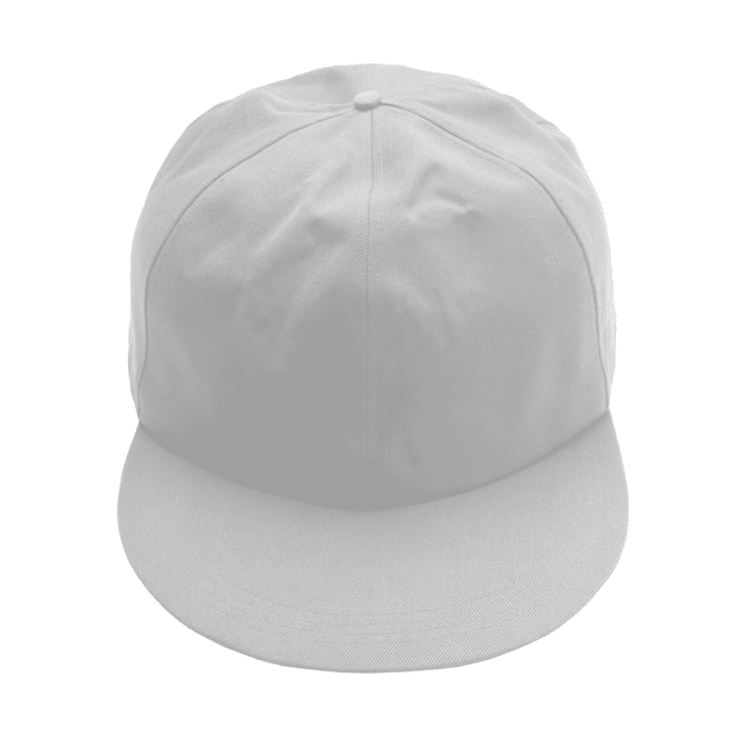 A giant white baseball cap with a flat brim and a rounded crown, featuring a logo.