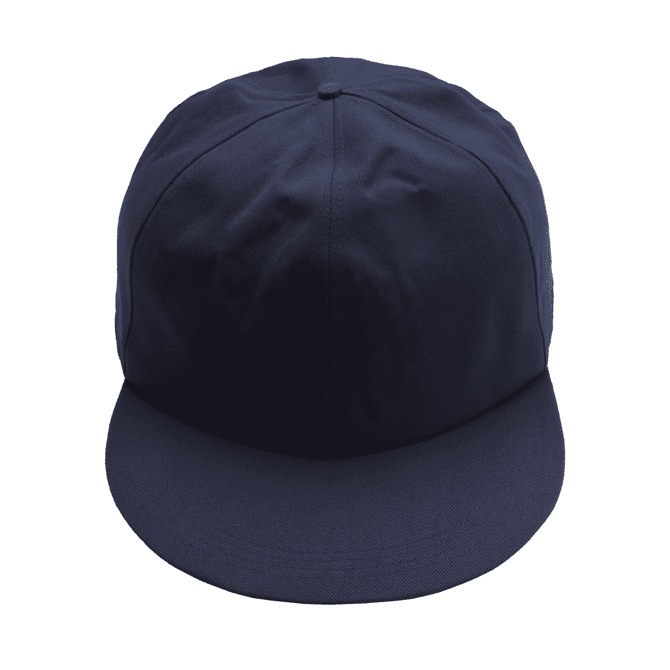 A giant baseball cap in navy blue with a flat brim and a circular crown. It features a logo on the side.