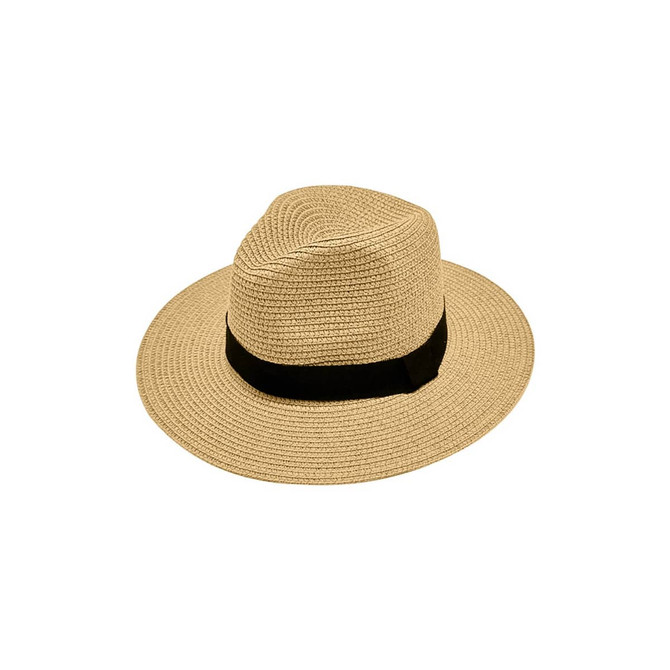 A straw sun hat in a natural beige colour, featuring a wide brim and a black band around the base.