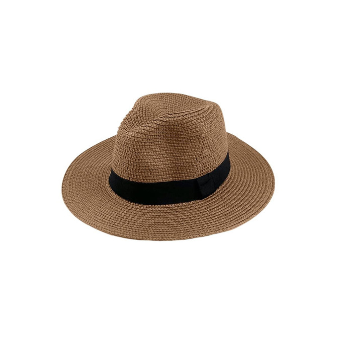 A straw hat in a tan colour with a black band around the base. Features a round, wide brim and a textured design.