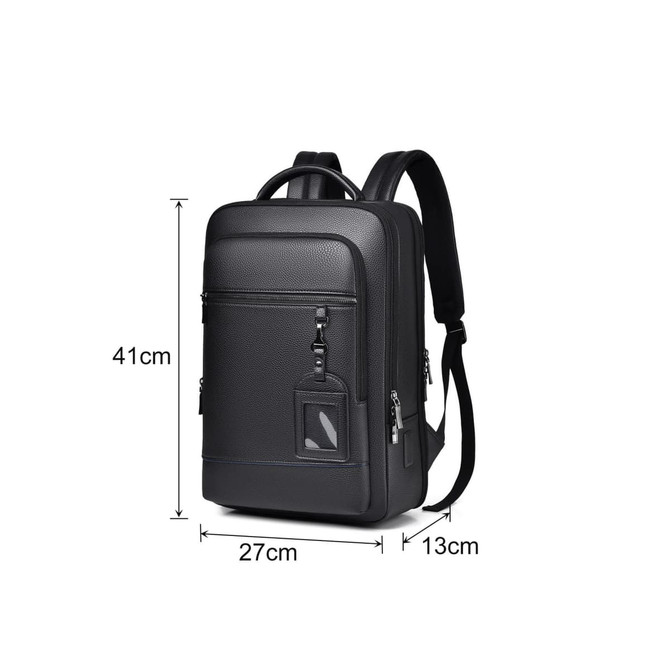 A black polyurethane laptop backpack with multiple pockets and adjustable straps, featuring a logo on the front.