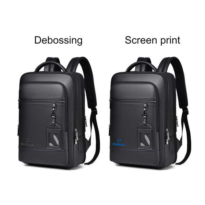 A polyurethane laptop backpack available in black, featuring a debossed and a screen print design option.