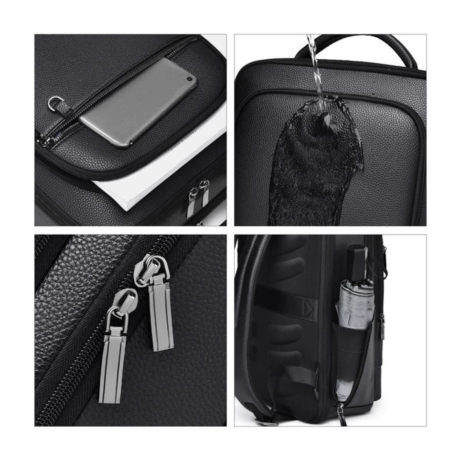 A black polyurethane laptop backpack with various compartments, including a phone pocket, a top handle, and zippered details.