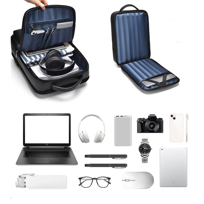 A polyurethane laptop backpack in black with a striped interior, containing a laptop, headphones, and various accessories.