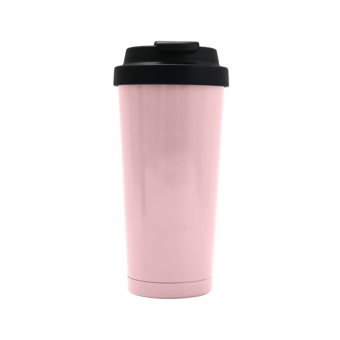 A drink bottle in a pink finish with a black lid and a logo. Made from recycled stainless steel.
