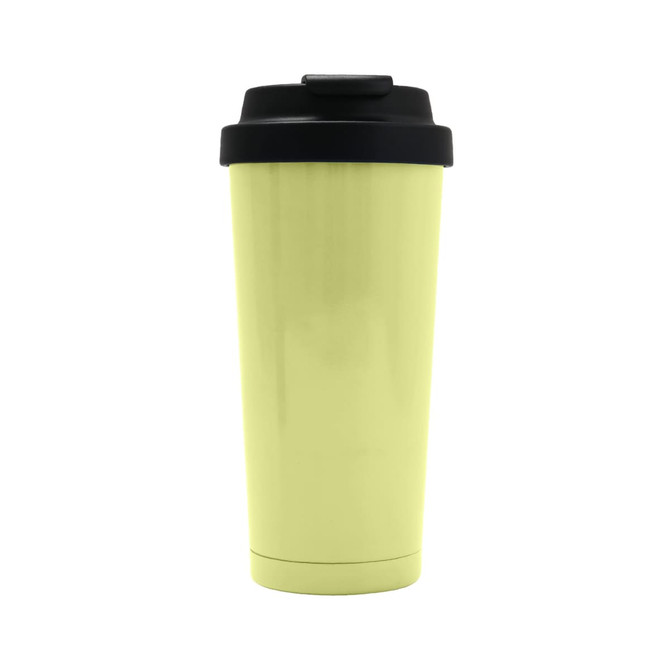 A drink bottle with a yellow body and black lid, featuring a logo on the side. 