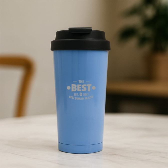 A drink bottle in light blue with a black lid and a logo on the body.