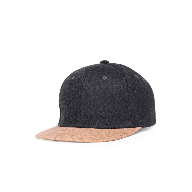 A snapback cap in grey fabric with a flat cork peak and a logo on the front.