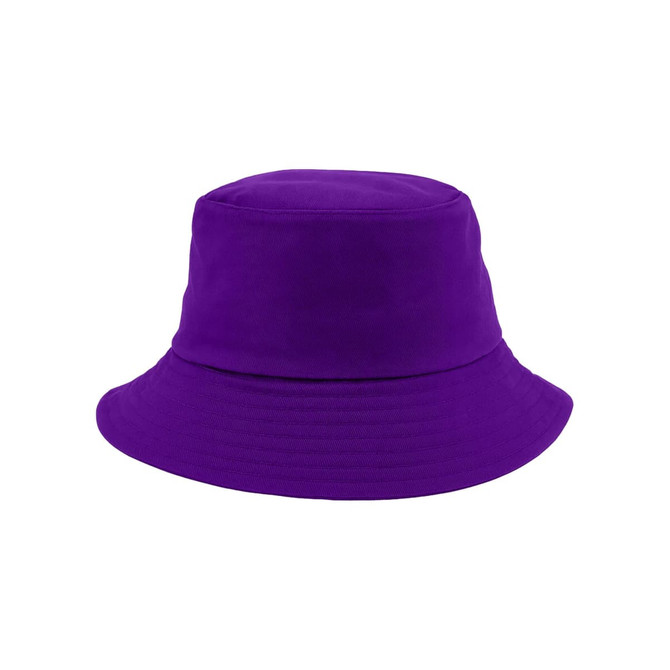 A purple custom cotton bucket hat with a logo on the side. The hat has a wide brim and a structured top.