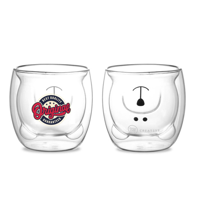 A drink bottle featuring a double wall glass design in clear, shaped like a bear with a logo.