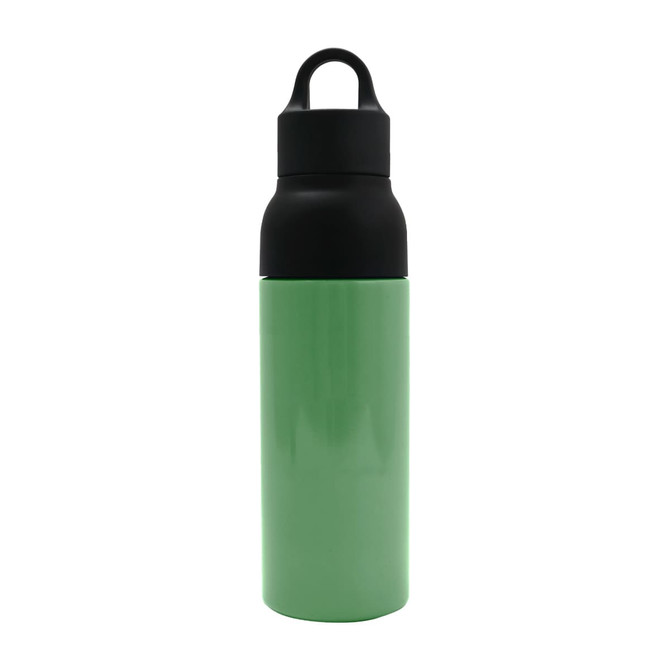 A drink bottle made of recycled stainless steel, featuring a mint green body and a black lid. It has a logo.