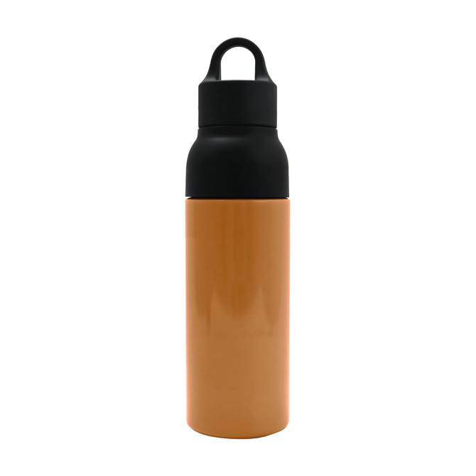A drink bottle featuring a black lid and a copper body, with a logo prominently displayed.