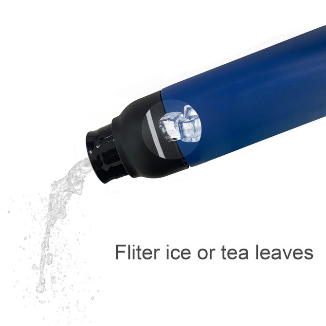 A drink bottle with a blue body, black lid, and a filter for ice or tea leaves. It features a logo.