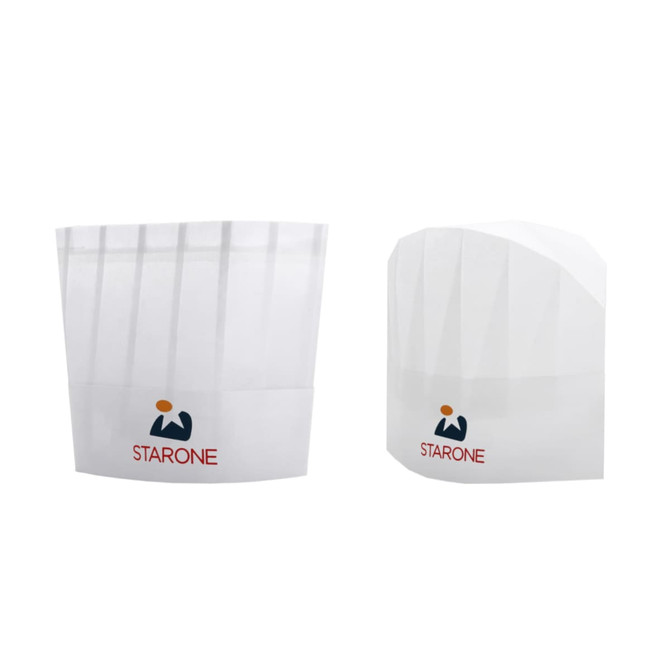 A white disposable kids chef hat featuring a logo on the front in red and blue.