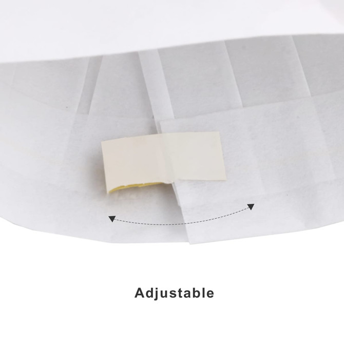 A white disposable non-woven kids chef hat with an adjustable feature on the inside. It includes a visible logo.