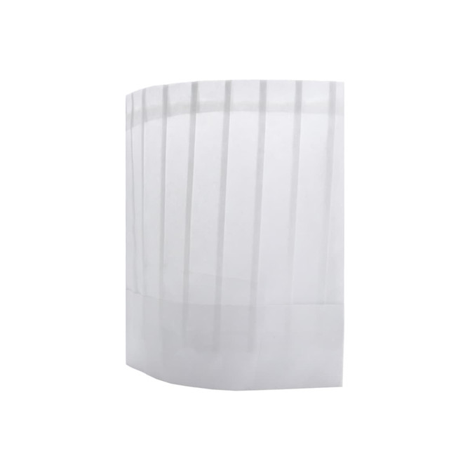 A disposable non-woven chef hat in white, featuring a pleated design and an adjustable band. It has a logo.