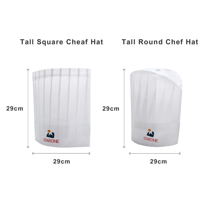 A tall round and a tall square disposable non-woven chef hat, both in white, 29cm in height, with a logo.