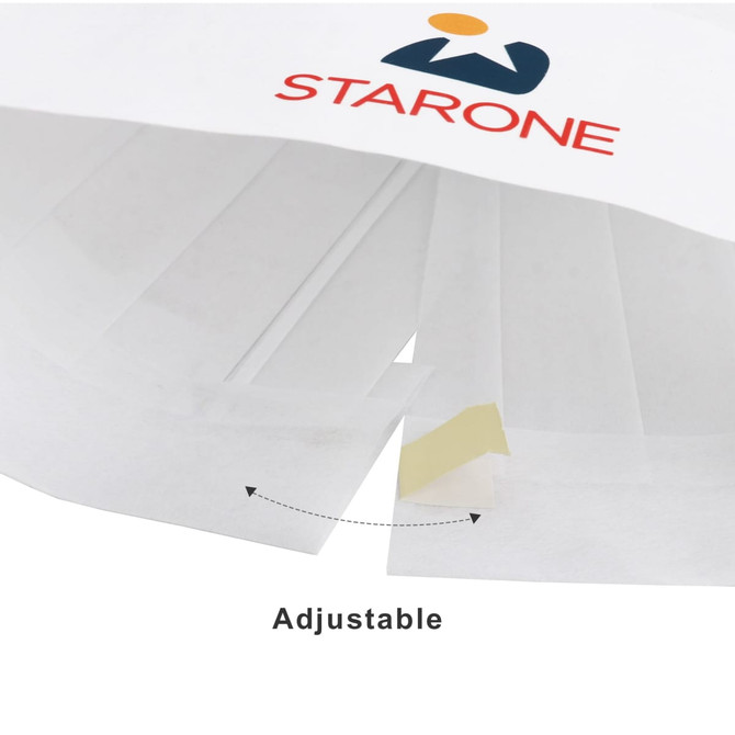 A disposable non-woven chef hat in white with an adjustable feature and a logo is shown.